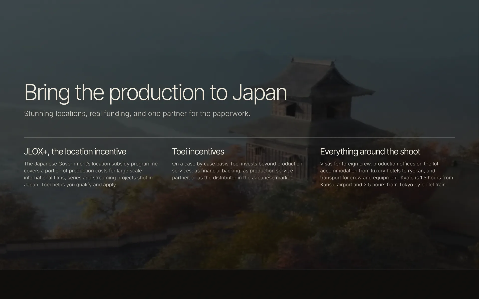 「Bring the production to Japan」のセクション。JLOX+、東映のインセンティブ、撮影周辺の支援